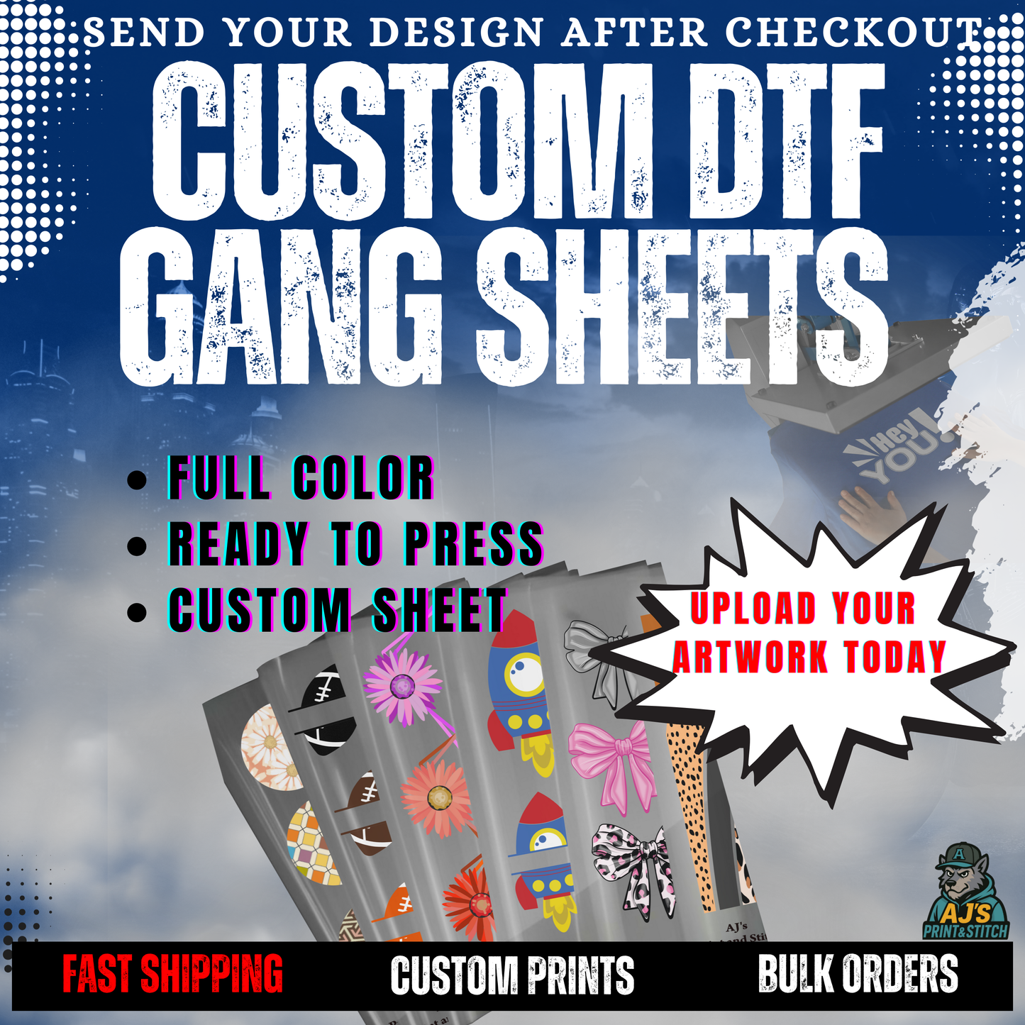 12x12 Custom DTF Gang Sheets | Ready to Press Heat Transfers - 12" Wide