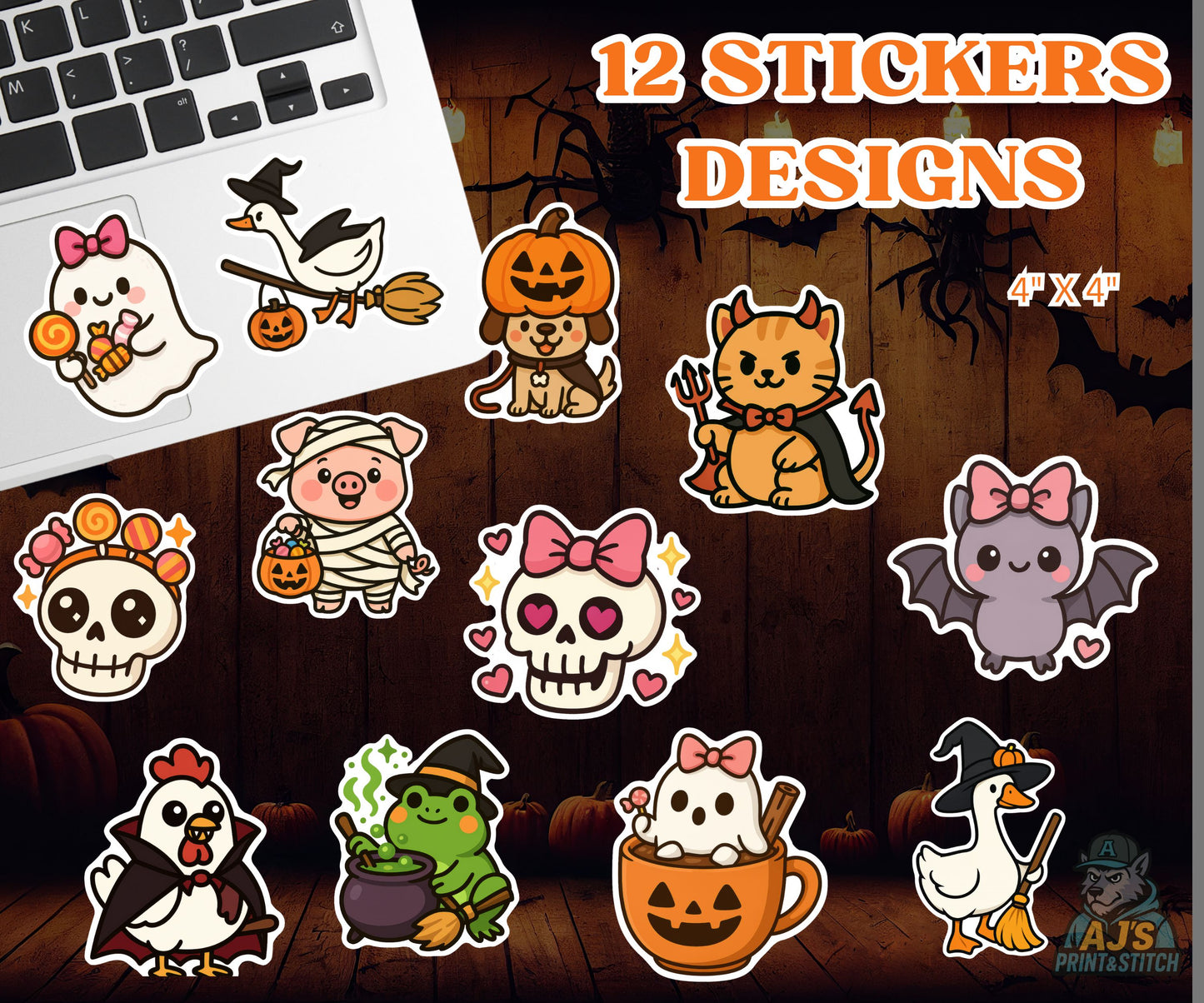 Cute Halloween Sticker Pack | 12 Kawaii Spooky Vinyl Stickers | Waterproof 4"x4" Designs for Laptop, Planner & Water Bottle