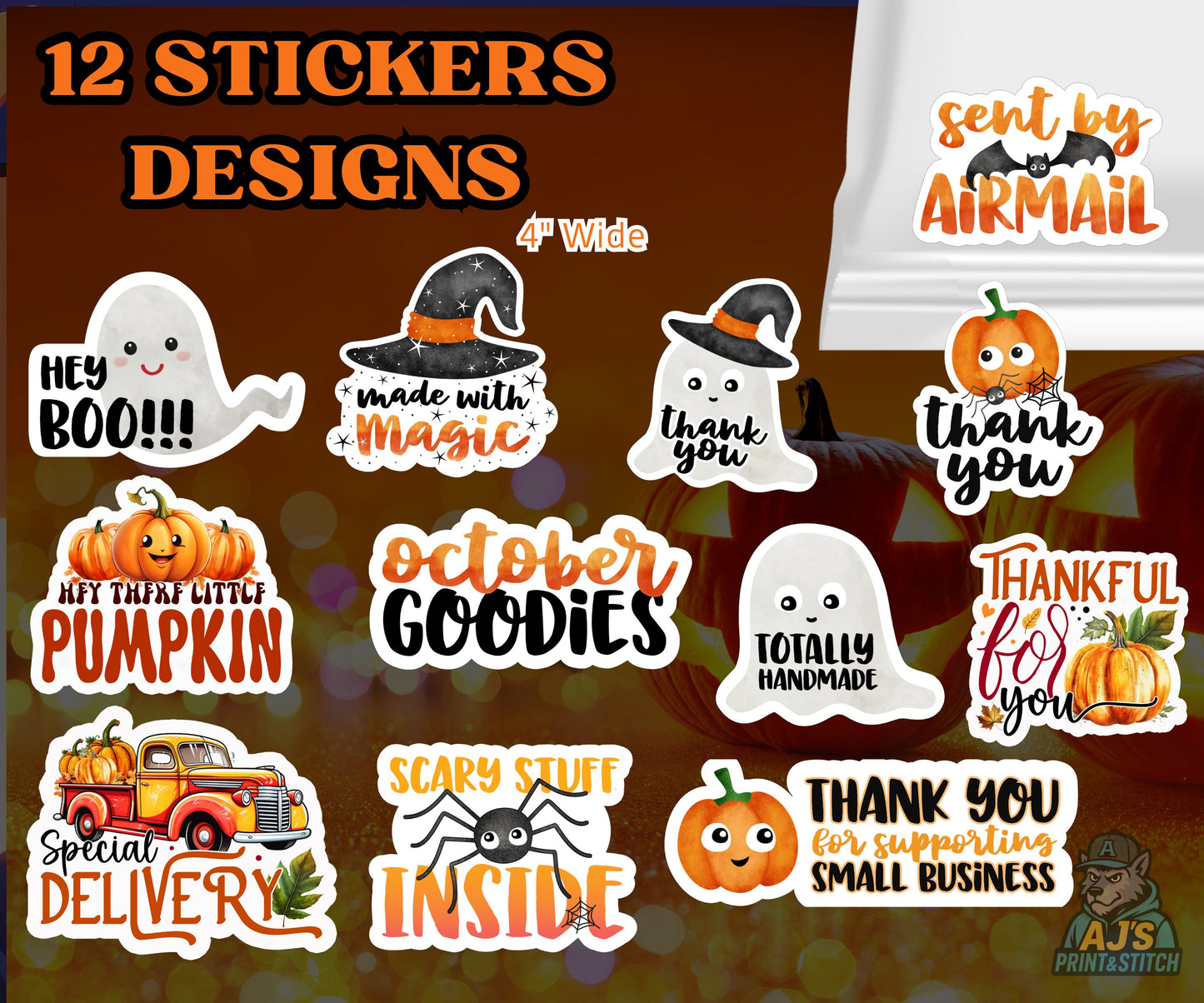 Halloween Thank You Stickers | 12 Cute Small Business Packaging Stickers | Fall Happy Mail & Thankful Label Set for Orders and Packages